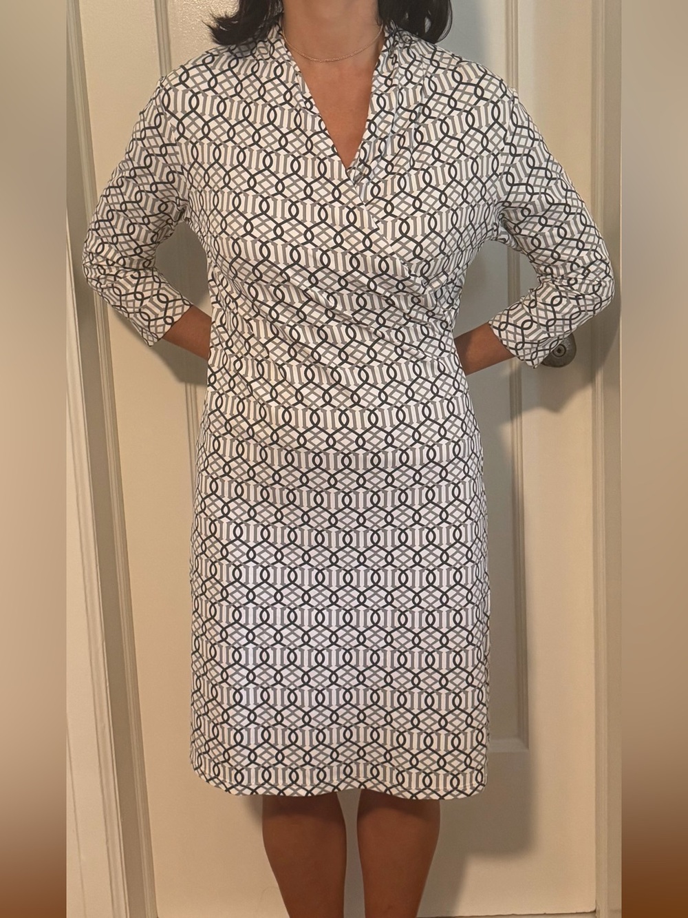 J. McLaughlin White Dress with Navy Geometric Print